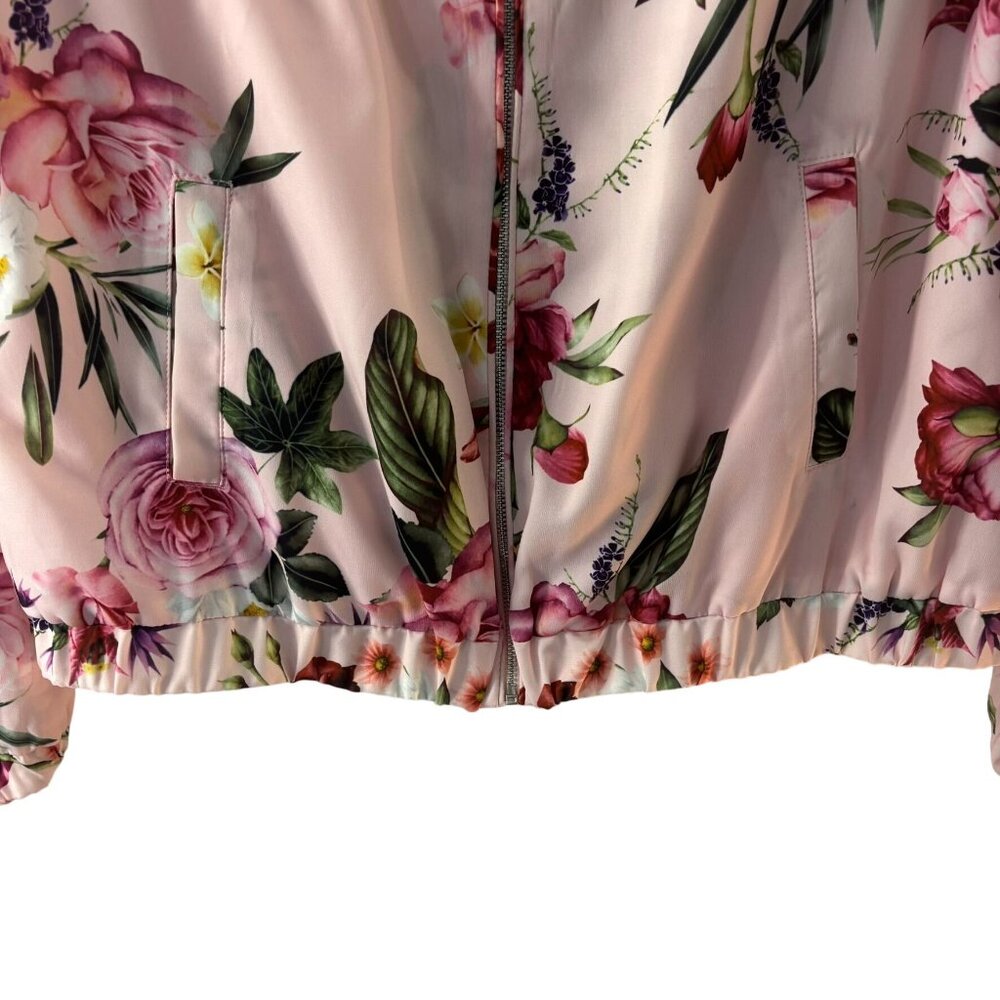 Charlie B Floral Bomber Jacket Pink With Zipper Front & Elastic Hem Lightweight - Picture 12 of 16
